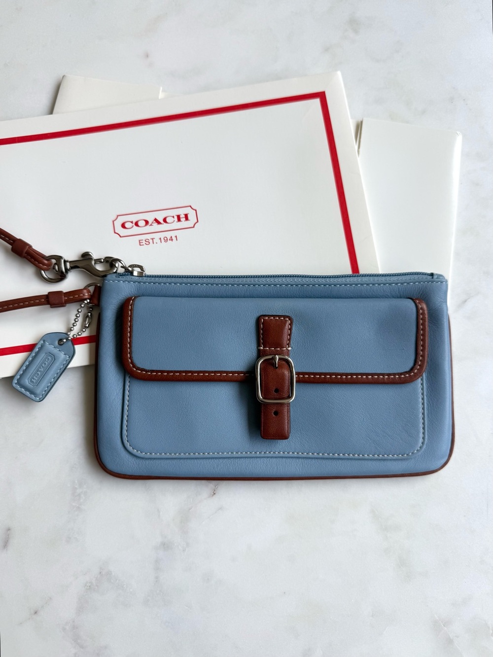 Vintage Coach Light Blue Leather Wristlet with Brown Trim